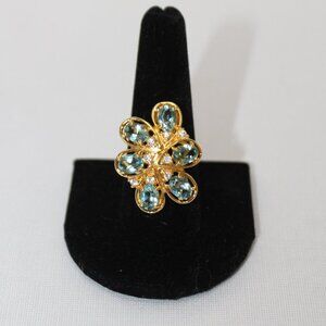 925 Sterling Silver Yellow Gold Over Blue Topaz Cluster Ring  Sz 9.25, 8.96g